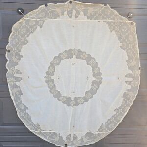 Vintage 56" Round Hand Embroidered Cotton And Lace Ivory Tablecloth